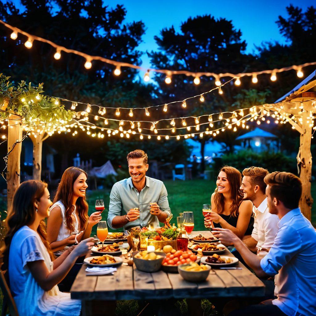 A lively scene depicting a vibrant outdoor gathering with friends enjoying food and drinks under twinkling fairy lights. Include an array of colorful appetizers on a rustic wooden table, laughter and celebration in the air, and a beautiful sunset in the background. Capture the joy and warmth of social interactions, inviting viewers to join in the fun. super-realistic. vibrant colors. 3D.
