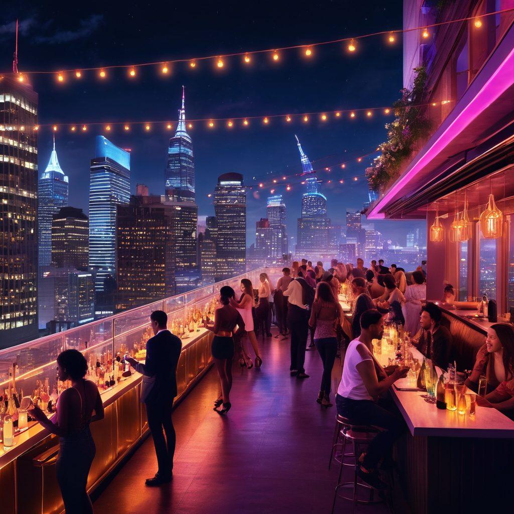 A vibrant city nightlife scene featuring a diverse group of adults celebrating at a glamorous rooftop bar, with fairy lights and cocktails in hand, live music in the background, and a stunning skyline illuminated by neon lights. The atmosphere is energetic and joyful, showcasing a variety of party activities such as dancing and socializing. super-realistic. vibrant colors. night setting.